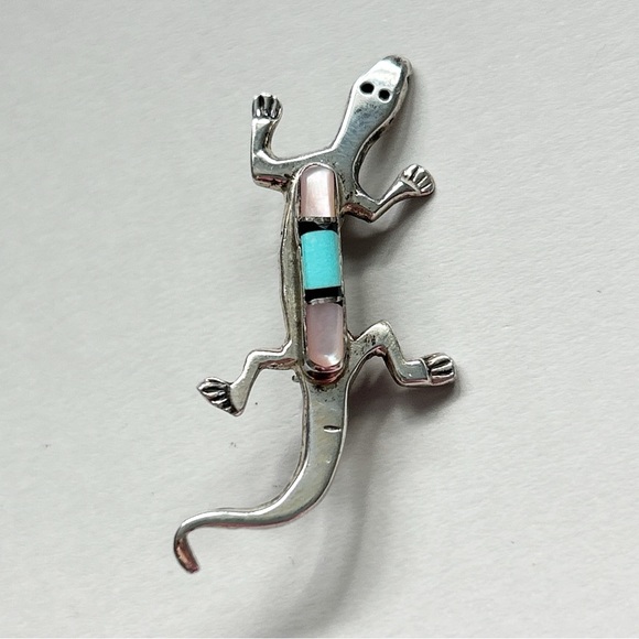Signed Navajo Turquoise Onyx Pearl Inlay Sterling Silver Lizard Brooch Pin - Picture 9 of 9